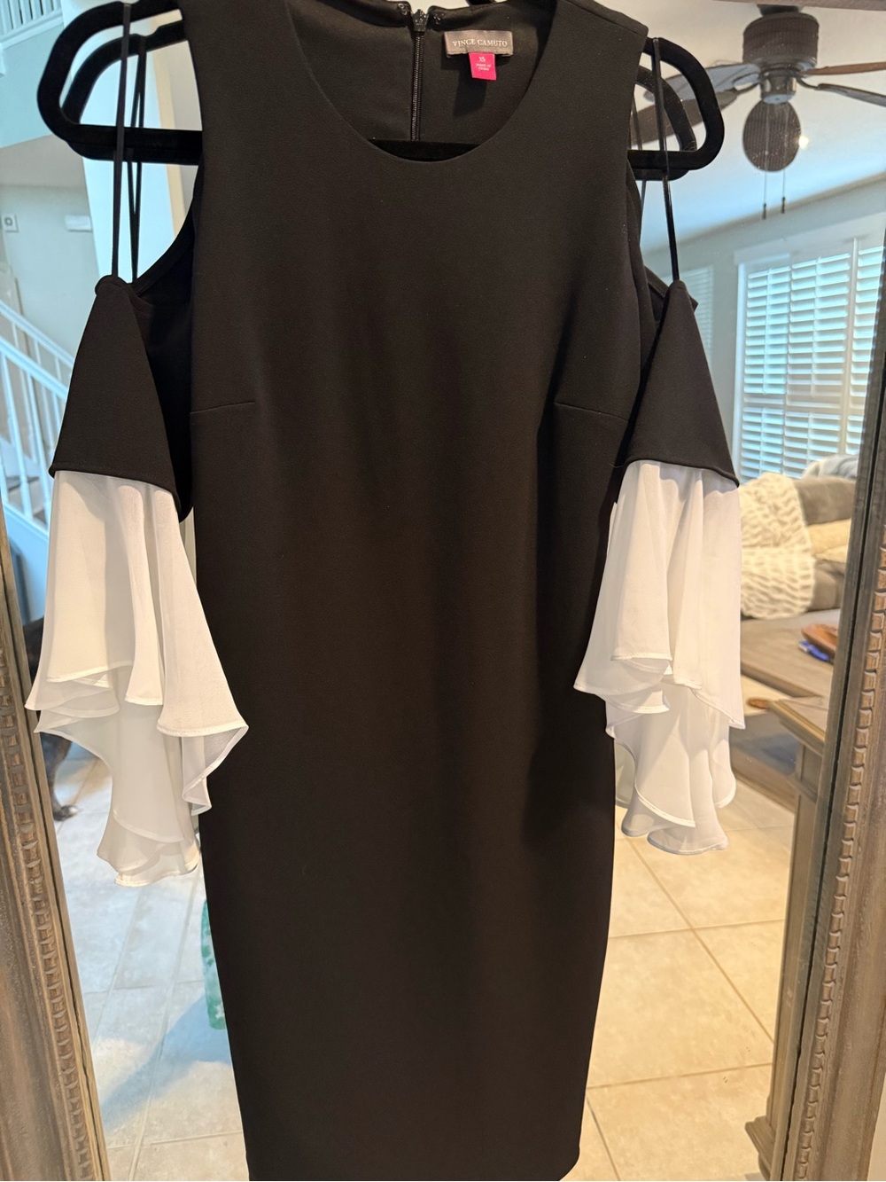 Vince Camuto Black Dress with White Ruffle Cold-Shoulder Sleeves